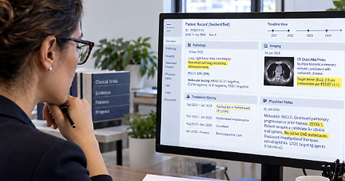 Researcher reviewing a de-identified patient record with pathology, imaging and treatment-history details highlighted for trial eligibility.