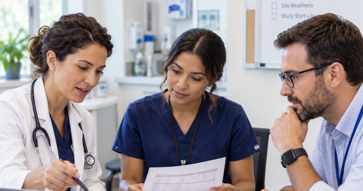 A physician, a nurse and a research coordinator review printed patient lists and a laptop together at a clinic table.