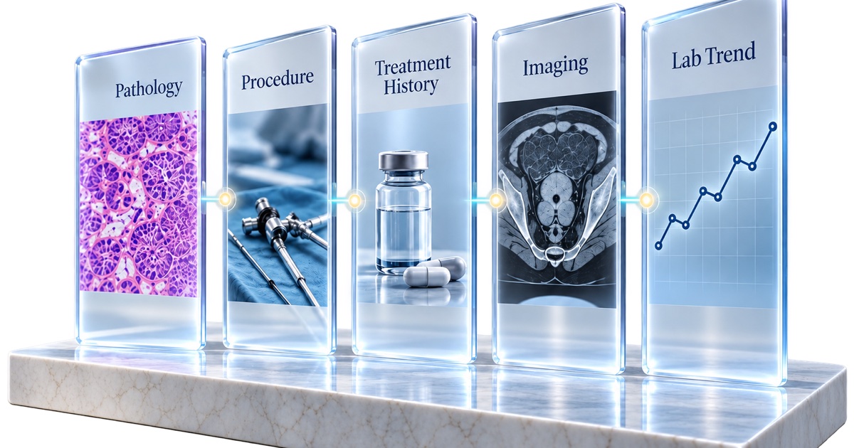 Five glowing glass panels stand in a row on a marble base, labelled Pathology, Procedure, Treatment History, Imaging and Lab Trend, linked by points of light like steps on a timeline.